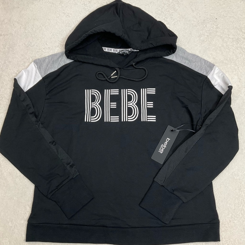 NWT BEBE Black Gray Hoodie Sweatshirt with Mesh Arm Detail Woman Large